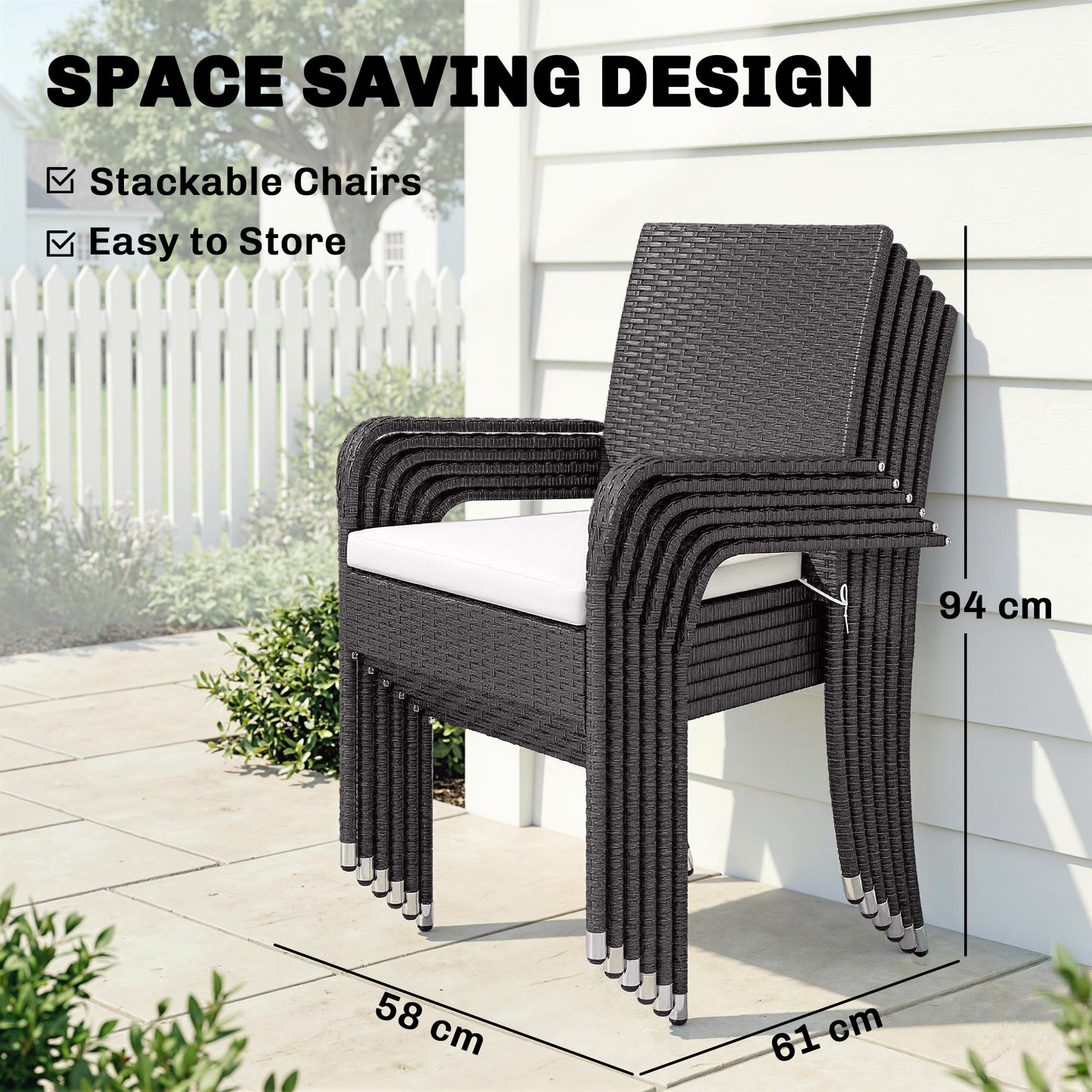 7 Piece Rattan Garden Furniture Set, 6 Seater Garden Table and 6 Stackable Chairs with Extendable Acacia Wood Tabletop