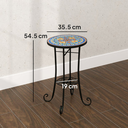 Mosaic Garden Table, 35.5 cm Round Outdoor Table with Shelf, Ceramic Tile Top