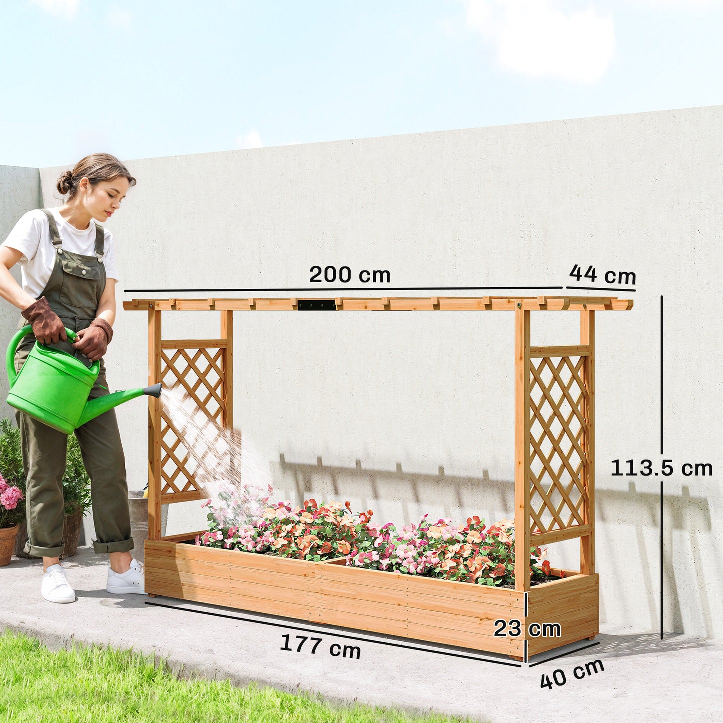 Raised Planter with Trellis, Wooden Raised Bed with Hanging Roof and Drainage Holes for Garden, Natural