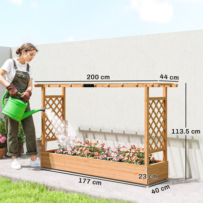Raised Planter with Trellis, Wooden Raised Bed with Hanging Roof and Drainage Holes for Garden, Natural