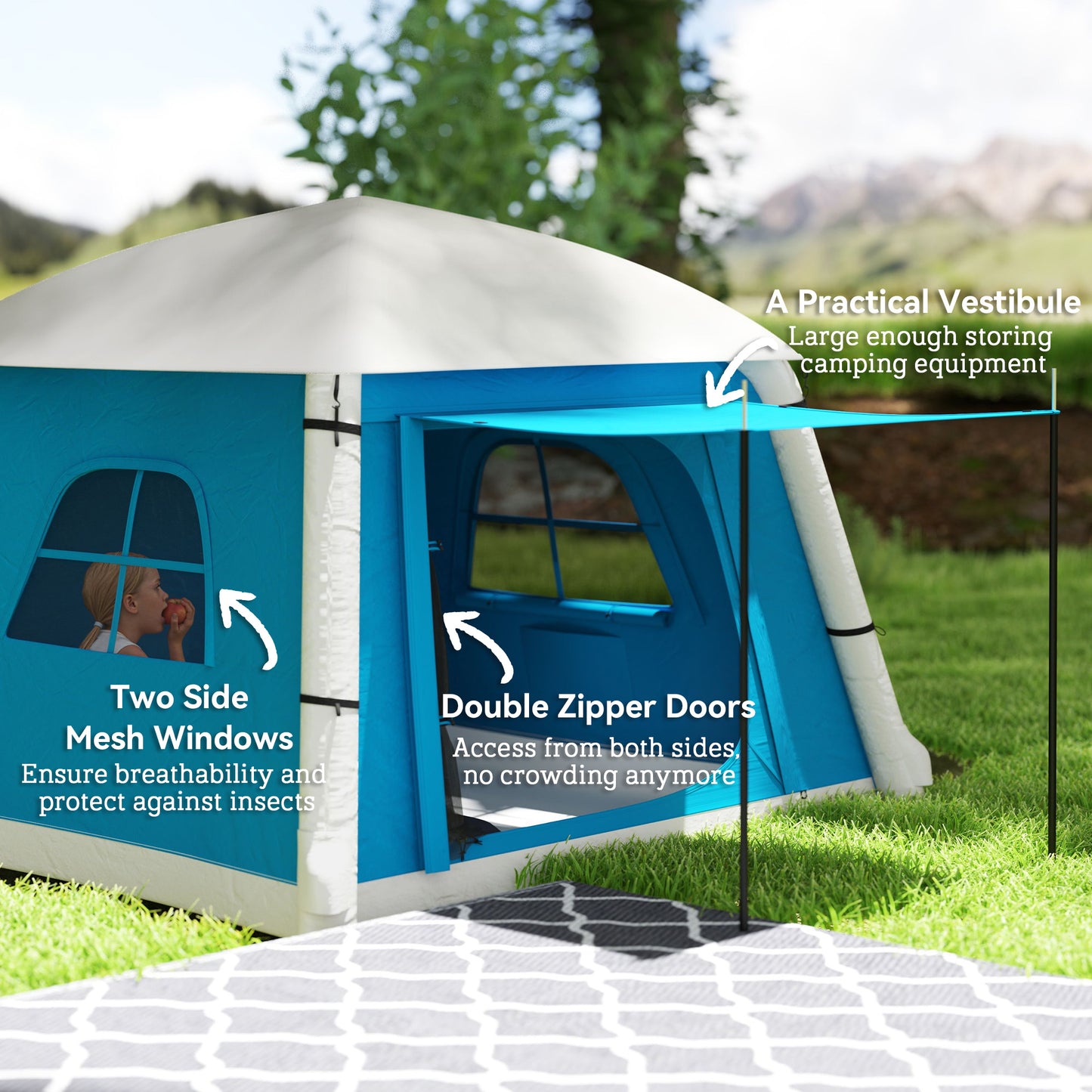 Inflatable Camping Tent w/ Hand Pump, Easy Setup 1/2 Person Blow Up Tent Waterproof 190T Taffeta w/ Mesh Windows