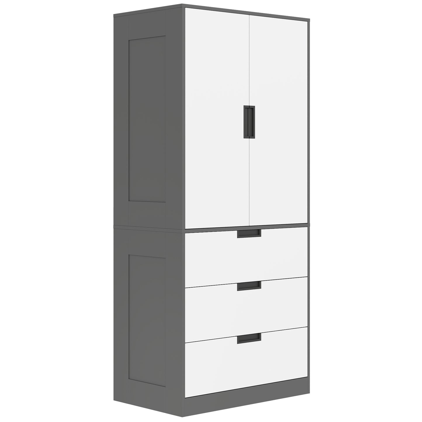 Modern Clothes Storage Cupboard Unit, 3 Drawer 2 Door Wardrobe with Hanging Rod, Grey