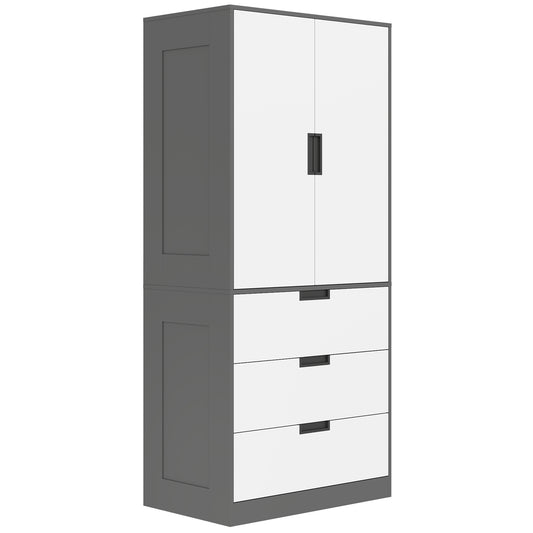 Modern Clothes Storage Cupboard Unit, 3 Drawer 2 Door Wardrobe with Hanging Rod, Grey
