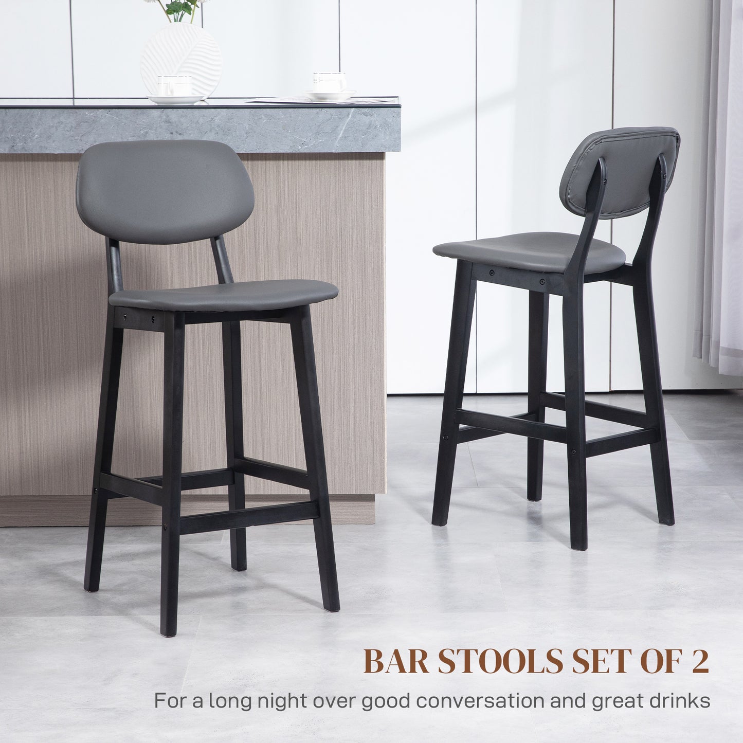 Bar Stools Set of 2, Breakfast Bar Chairs, PU Leather Upholstered Kitchen Stools with Backs, Footrests and Solid Wood Legs