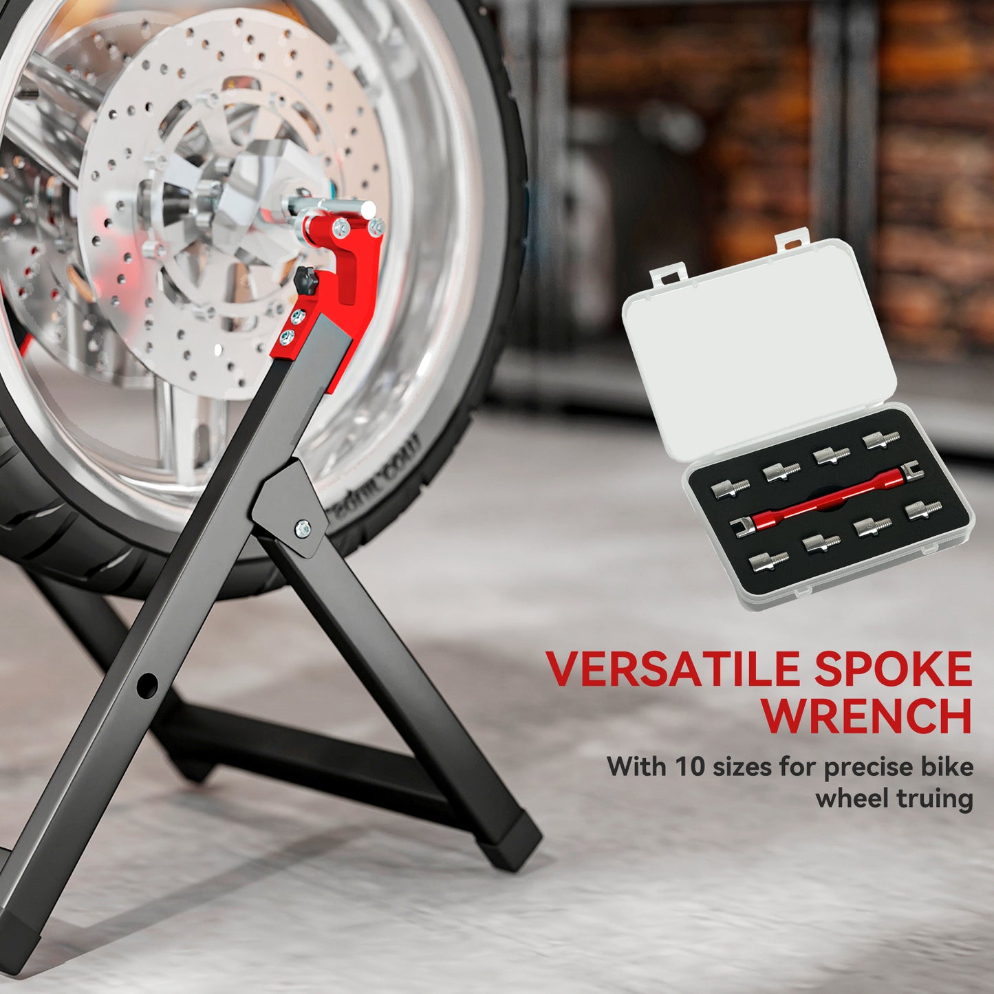 Foldable Motorcycle Wheel Balancer Truing Stand with Spoke Wrench, Steel Bike Tyre Rim Balancing Stand with Aluminium Shaft