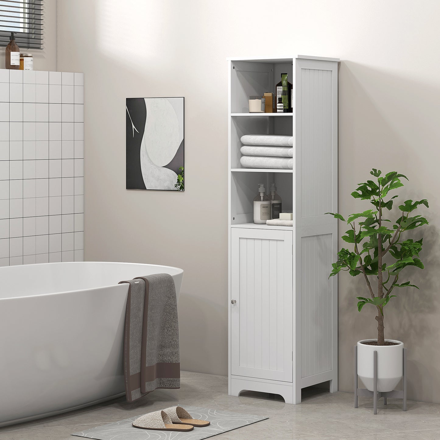 Slim Bathroom Storage Cabinet, Tall Bathroom Cabinet with 3 Open Shelves and Adjustable Shelf, White