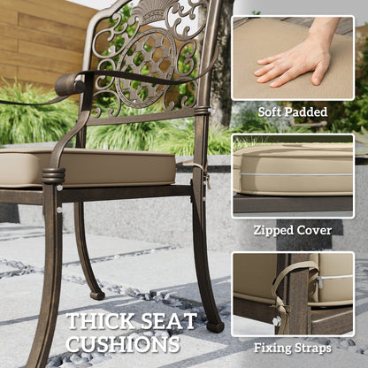 Garden Dining Set for 6, Cast Aluminium Outdoor Table and Chairs Set with Cushions, Parasol Hole for Patio, Bronze Tone
