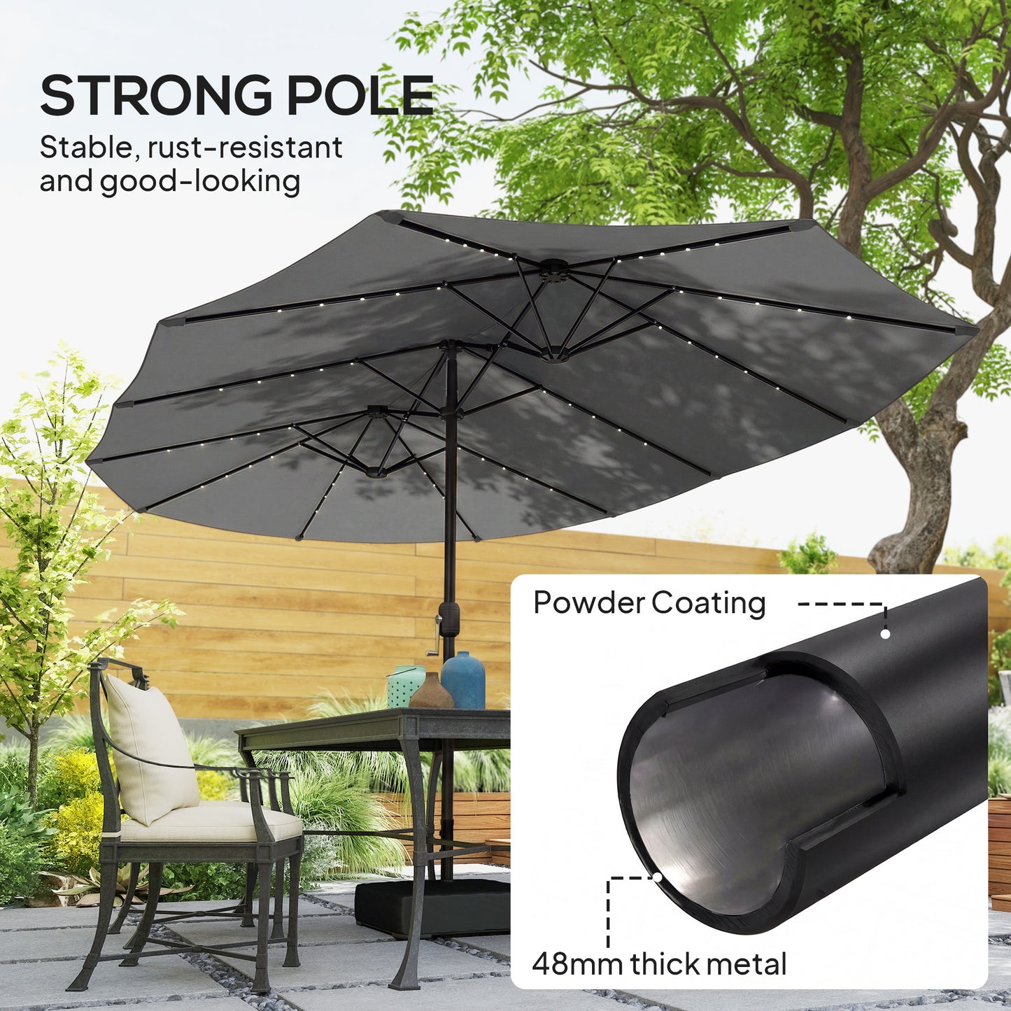 Patio Umbrella Double-Sided Outdoor Umbrella with Solar Lights Base, Grey
