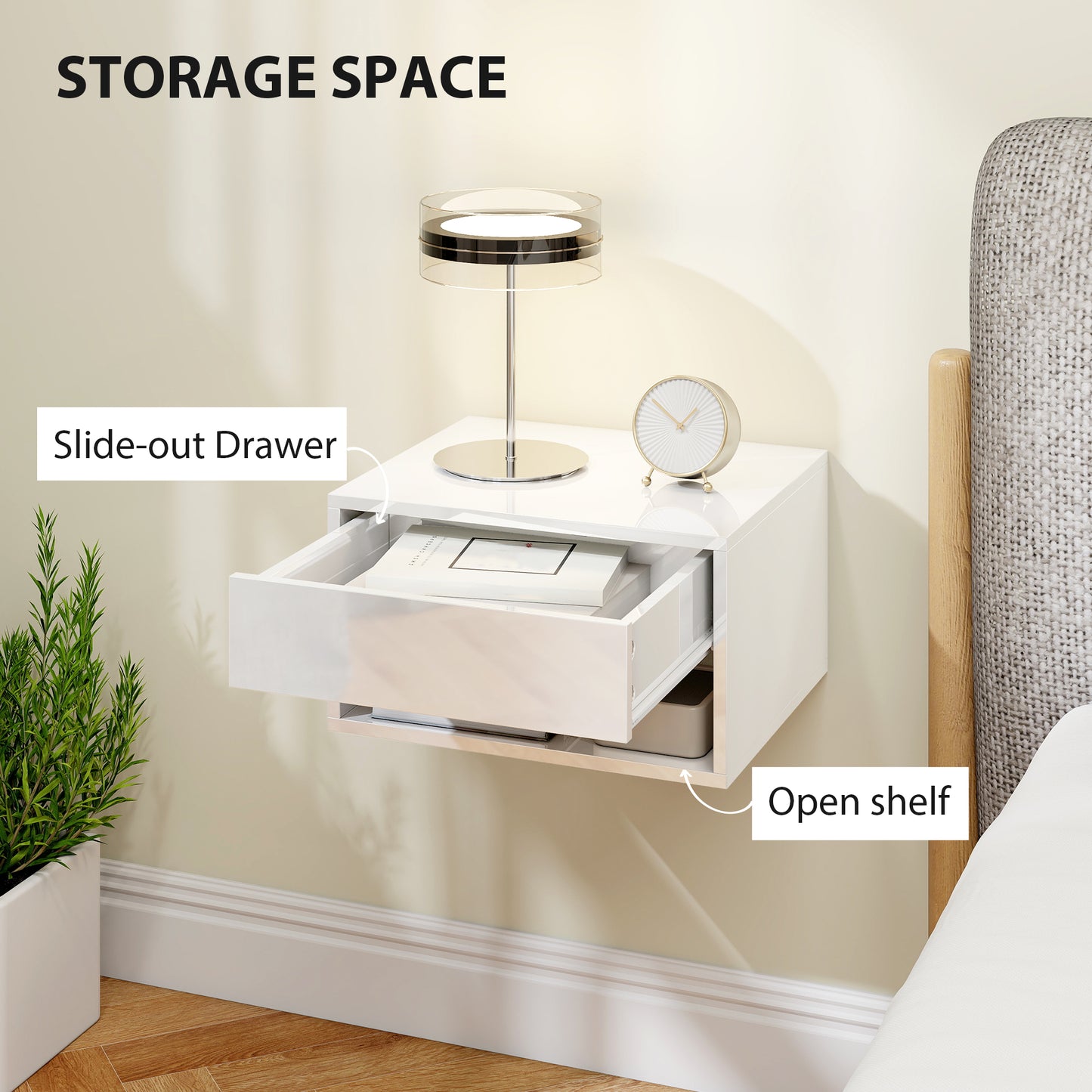 Set of Two Floating Bedside Tables, Wall Mounted Nightstand with Drawer and Open Shelf, High Gloss White