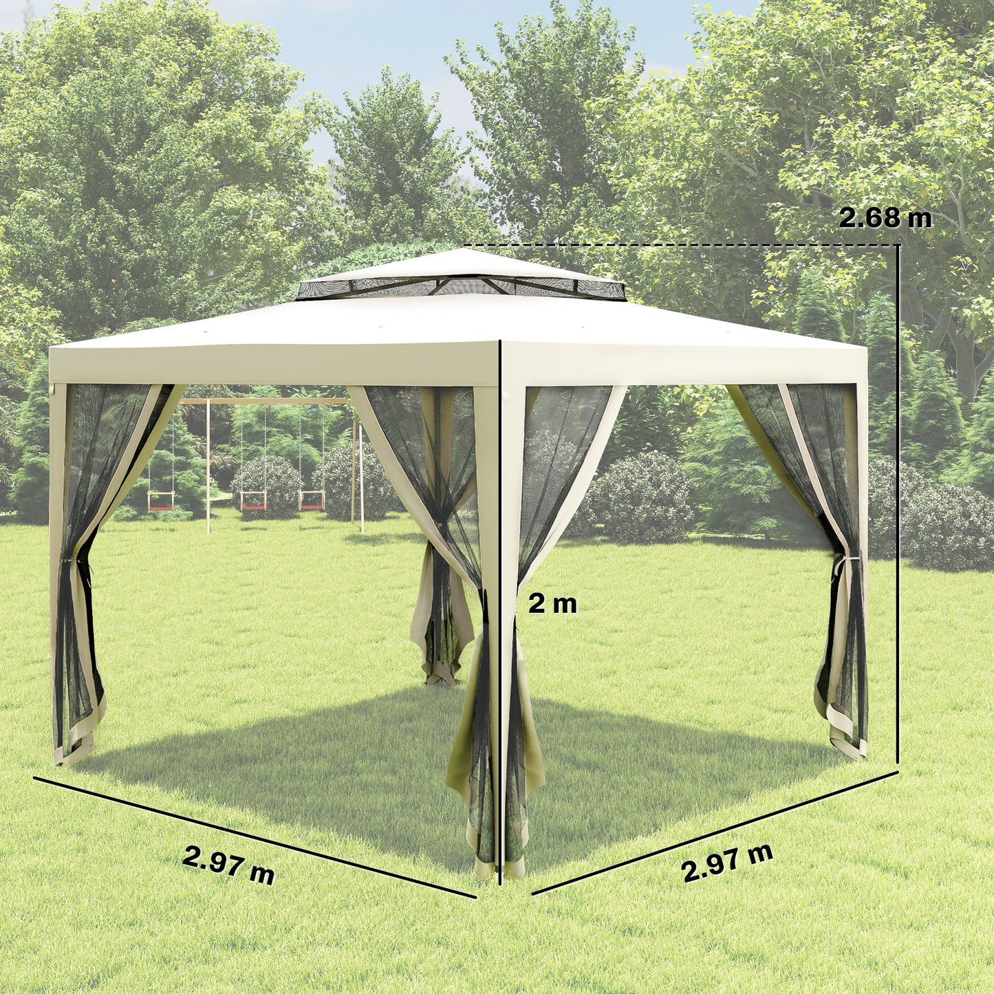 3 x 3 m Gazebo, Netting Party Tent, Patio Canopy Outdoor Event Shelter with Double Tier Roof, Cream White