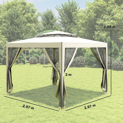 3 x 3 m Gazebo, Netting Party Tent, Patio Canopy Outdoor Event Shelter with Double Tier Roof, Cream White