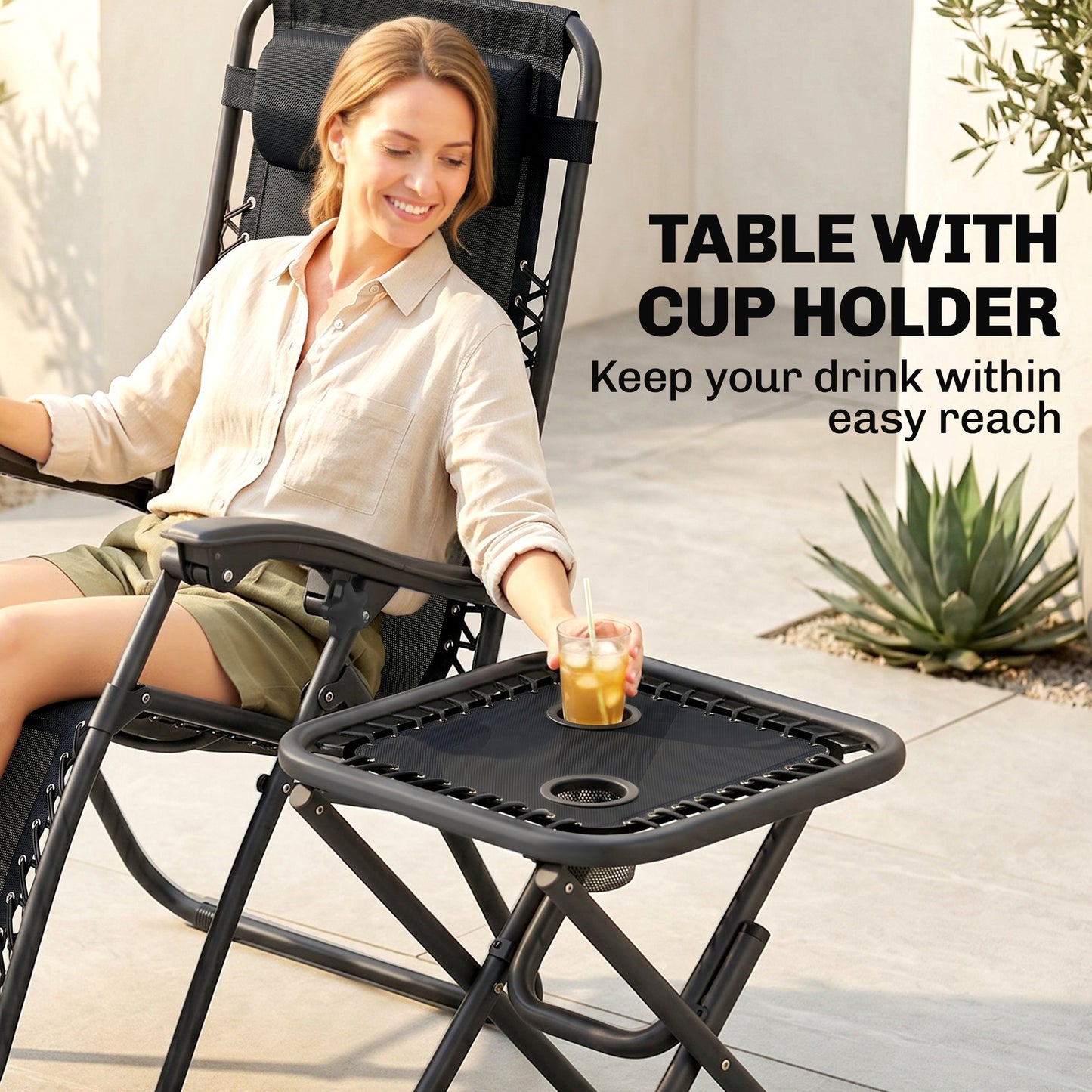 Folding Zero Gravity Chairs, 3 Pieces Adjustable Sun Lounger and Table Set with Cup Holder and Headrest
