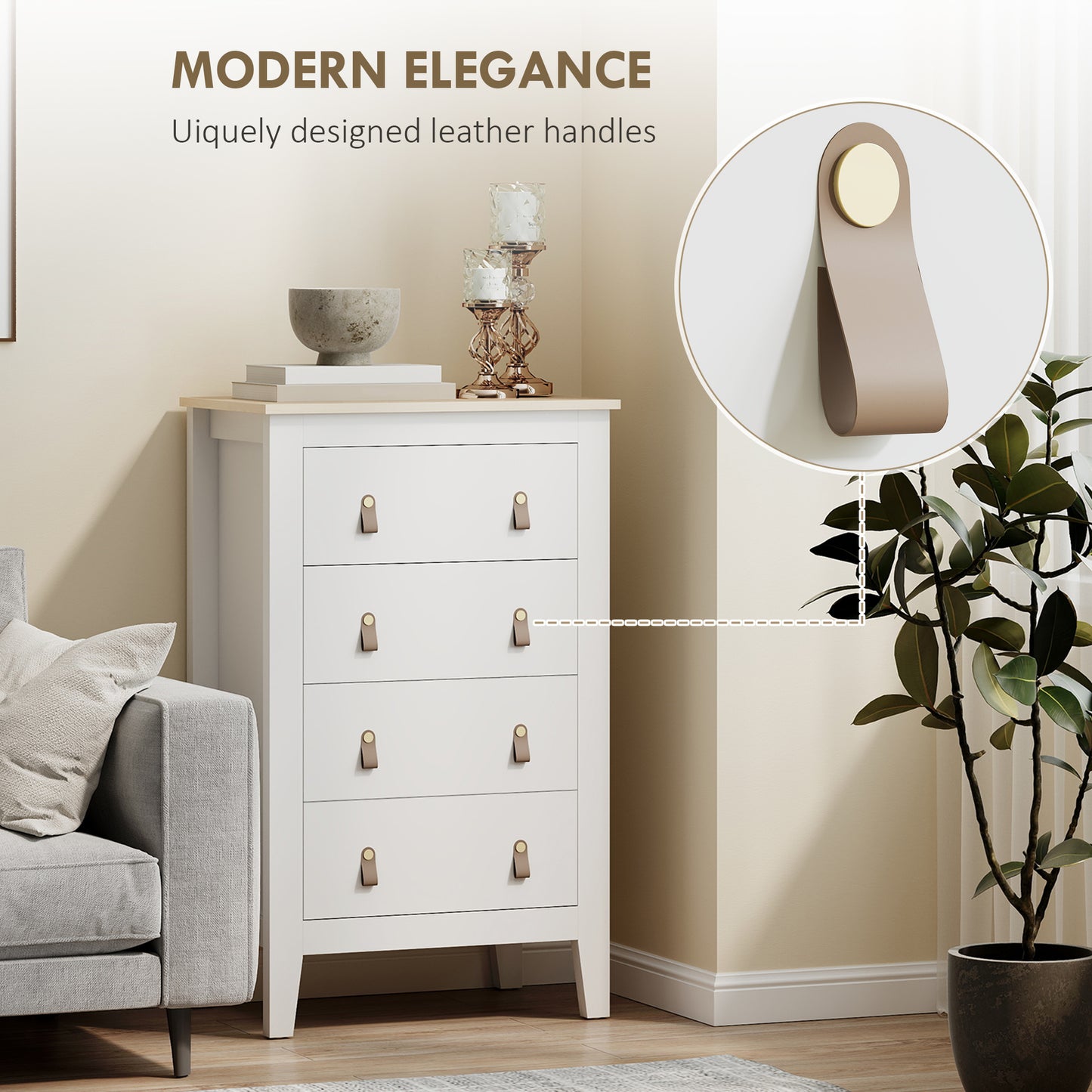 Bedroom Chest of Drawers, Modern 4 Drawer Dresser Cabinet with PU Leather Handles and Metal Runners for Living Room, Hallway