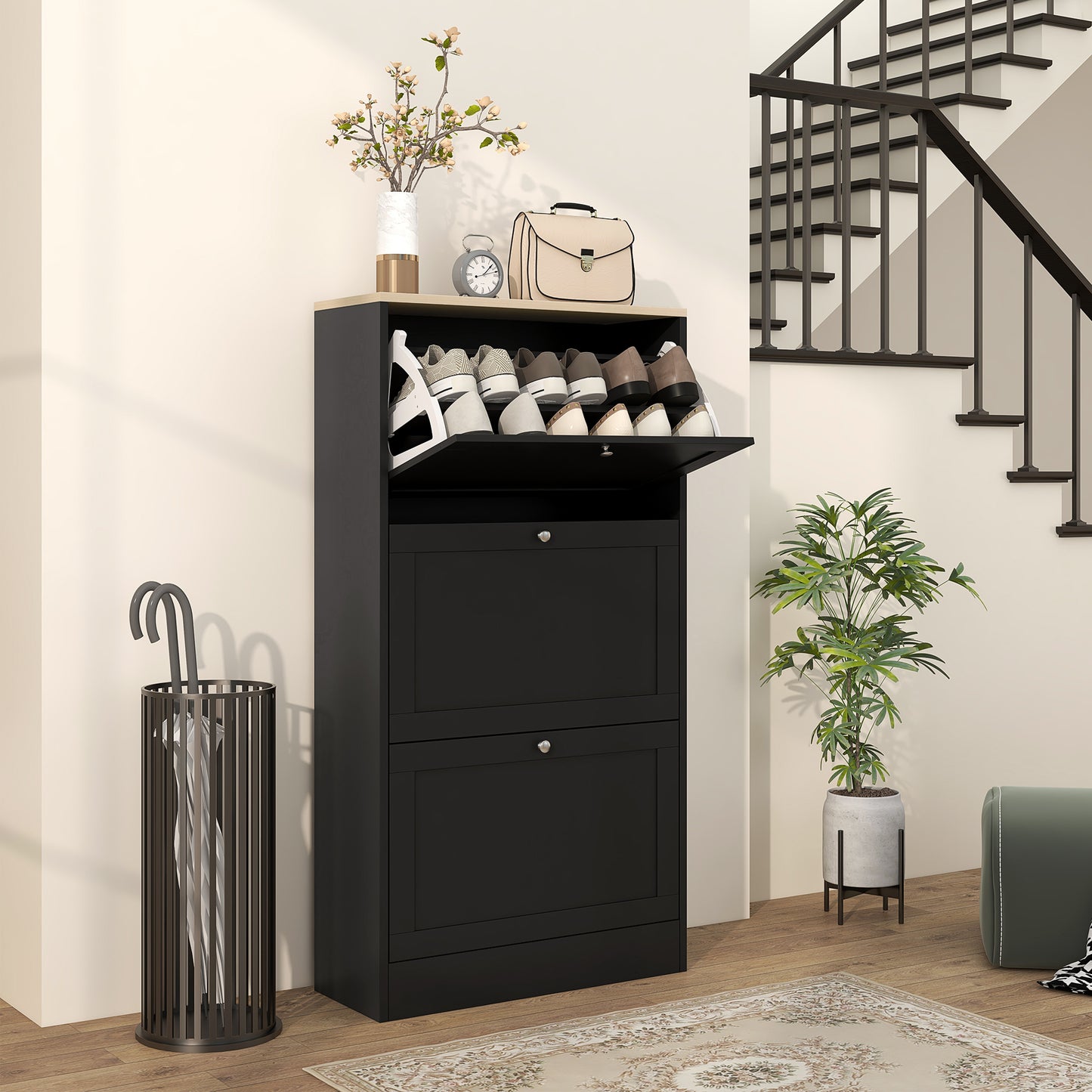 Modern Compact Three-Drawer Shoe Storage Cabinet - Black