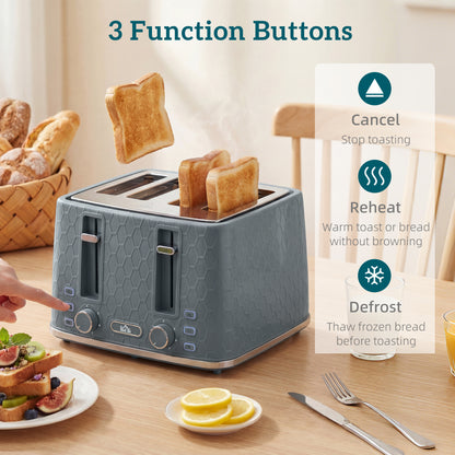 Kettle and Toaster Set, 1.7L 3000W Rapid Kettle with Strix Thermostat, 4 Slice Toaster with 7 Browning Controls, Grey