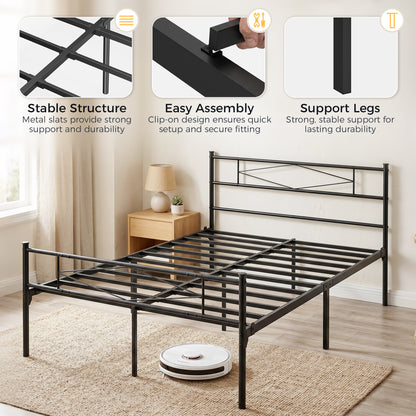4ft6 Double Bed Frame with Headboard and Footboard, Metal Platform Bed Frame with 32 cm Underbed Storage, Black