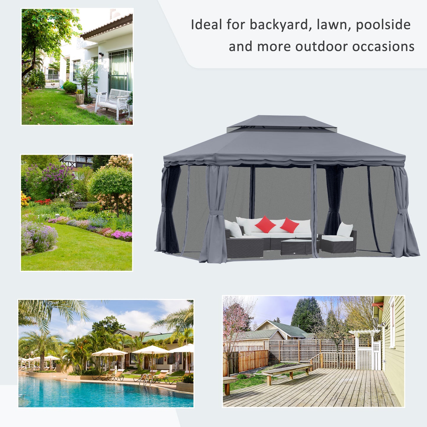 3 x 4m Aluminium Garden Gazebo, Marquee Canopy Shelter Pavilion Party Tent with Nets and Curtains for Garden and Deck
