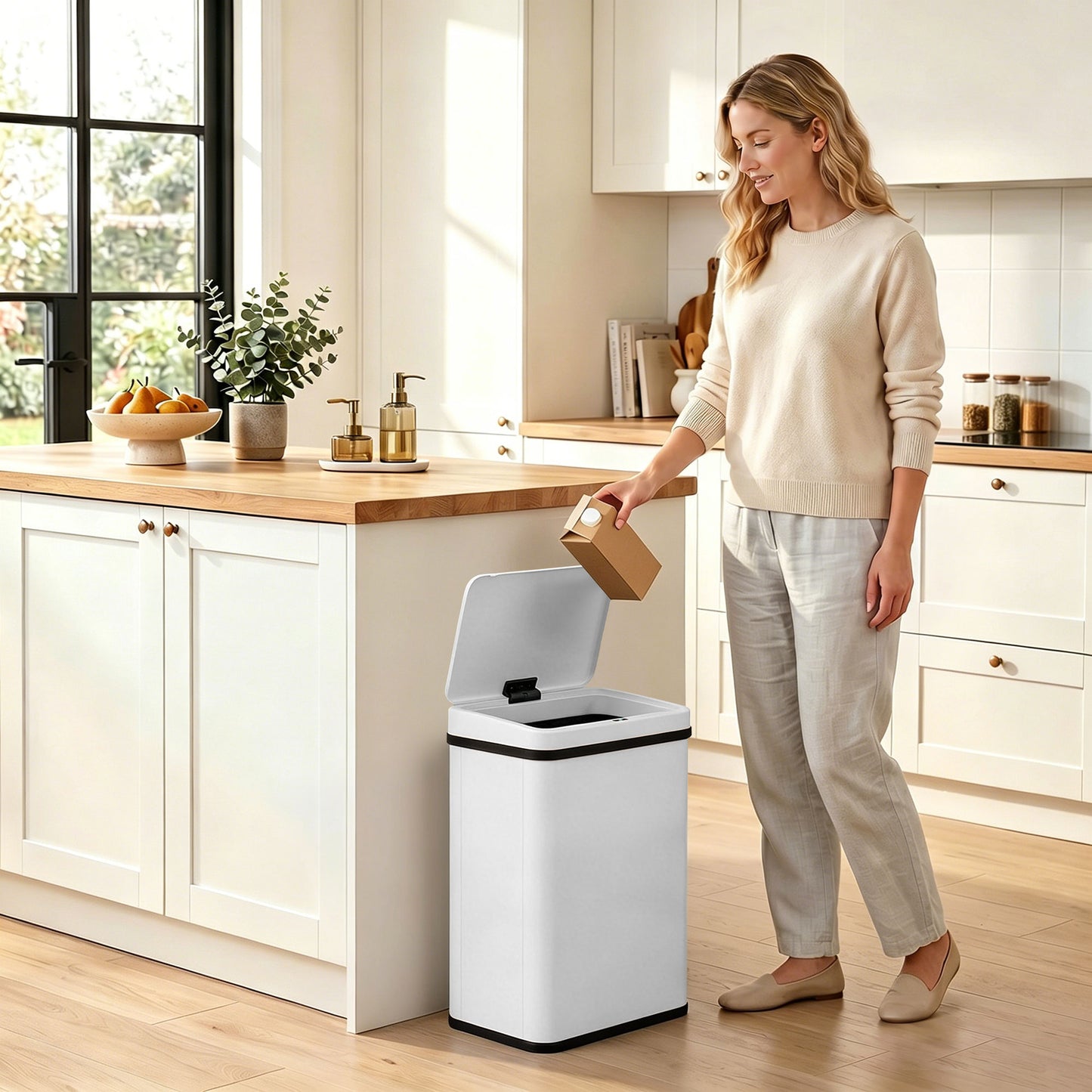 40L Sensor Bin with Soft-Close Lid, Stainless Steel Automatic Touchless Motion Sensor Kitchen Bin, White