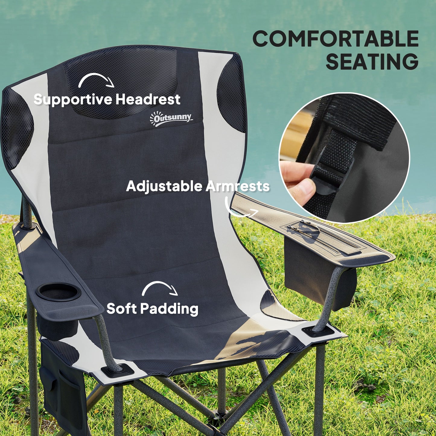 Set of 2 Folding Camping Chairs, Padded Camping Chairs with Adjustable Armrests