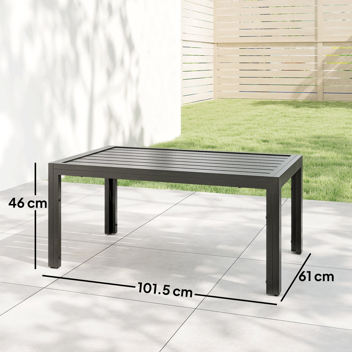 Outdoor Side Table, Rectangular Patio Coffee Side Table with Steel Frame and Slat Tabletop for Garden, Balcony, Grey