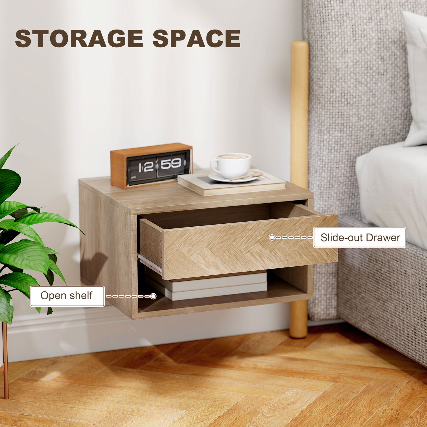 Set of Two Floating Bedside Tables - Natural Wood Finish