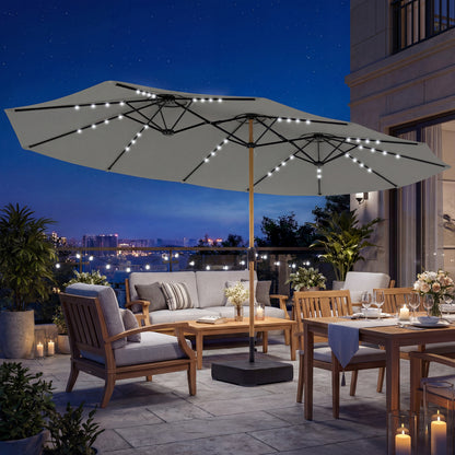 Double Sided Garden Parasol with Base Included & 48 Solar LED Lights Patio Umbrella Crank Handle 4.6m Light Grey