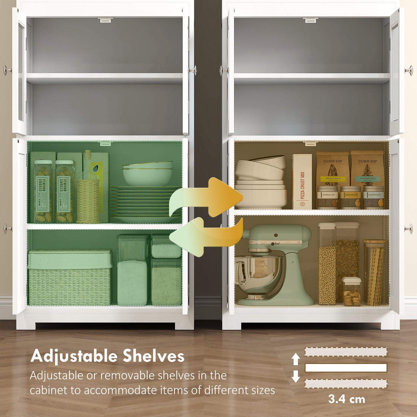 Freestanding Kitchen Cupboard, 4-Door Storage Cabinet with Adjustable Shelf and Glass Doors for Dining Room, Living Room