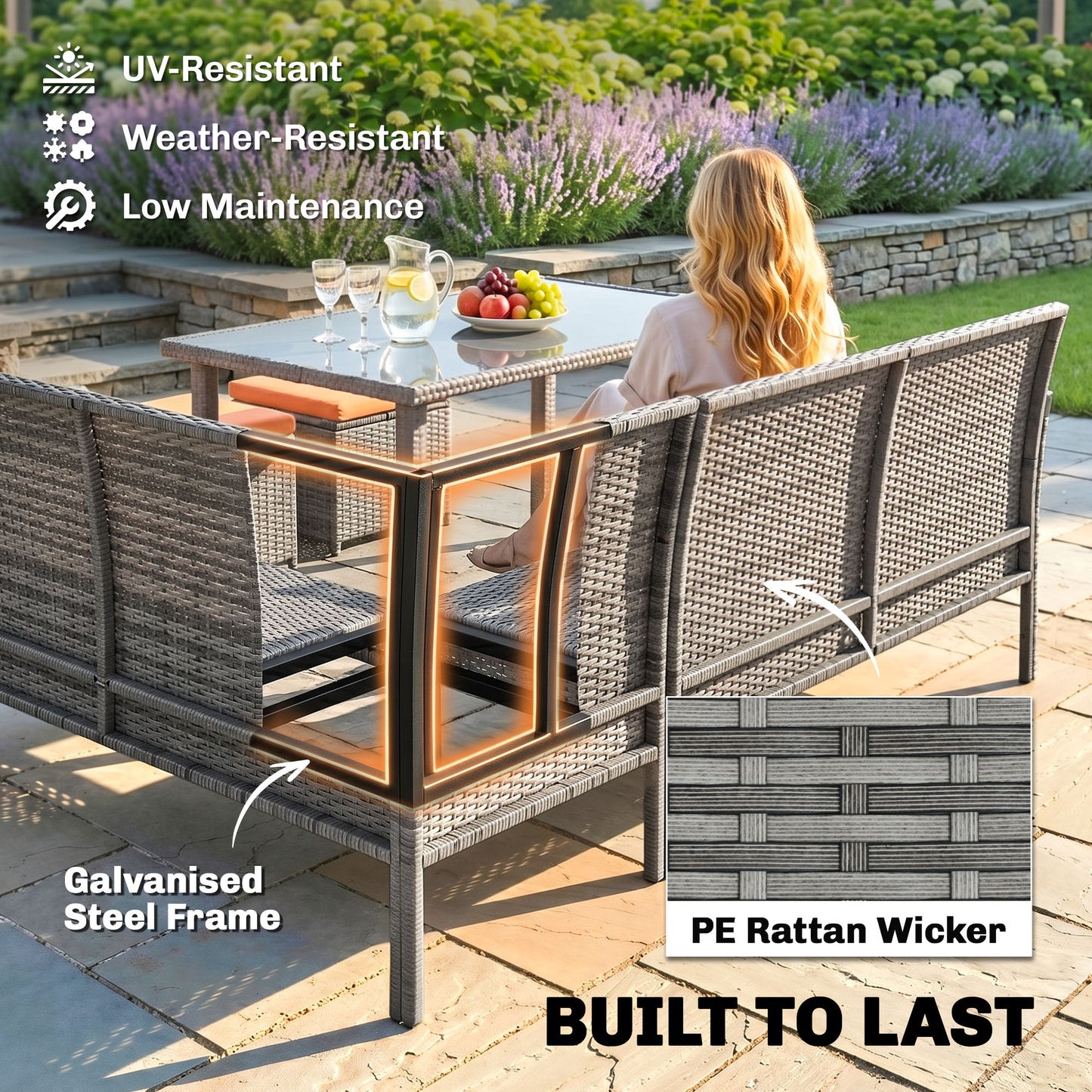 5 Pieces Rattan Garden Furniture Set with Dining Table, Cushions - Dark Blue