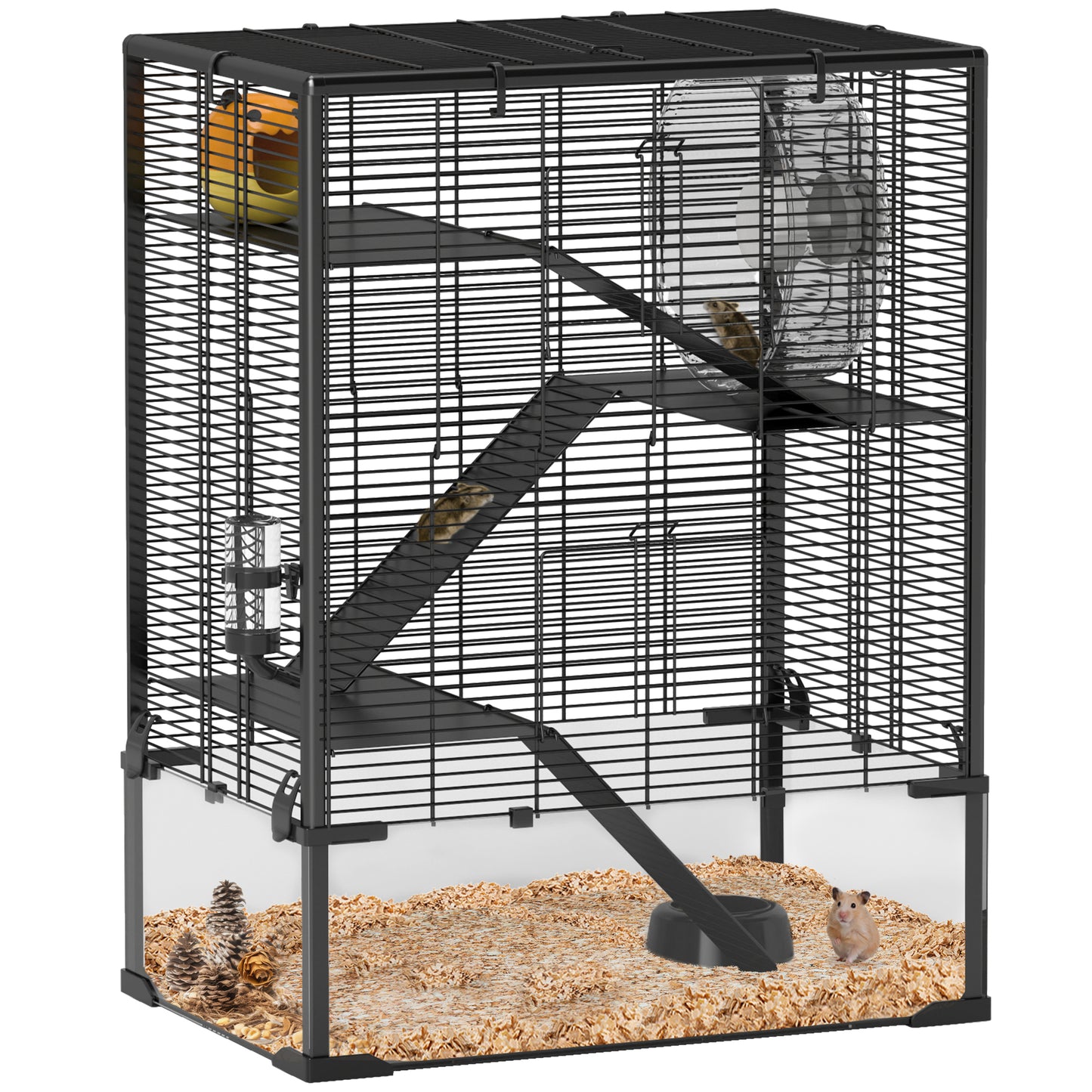 Four-Tier Hamster Cage with Deep Tempered Glass Bottom, Hut, Running Wheel, Food Dish, Water Bottle, 60 x 40 x 80cm