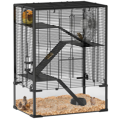 Four-Tier Hamster Cage with Deep Tempered Glass Bottom, Hut, Running Wheel, Food Dish, Water Bottle, 60 x 40 x 80cm