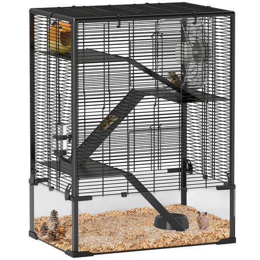 Four-Tier Hamster Cage with Deep Tempered Glass Bottom, Hut, Running Wheel, Food Dish, Water Bottle, 60 x 40 x 80cm