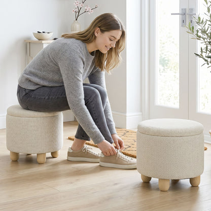 Storage Sitting Bench with Lid, Round Storage Ottoman with Rubberwood Legs, Beige