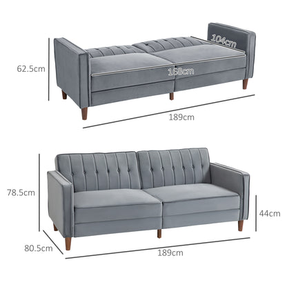 Velvet-Feel Three-Seater Sofa Bed with Wooden Legs, 300 kg - Dark Grey