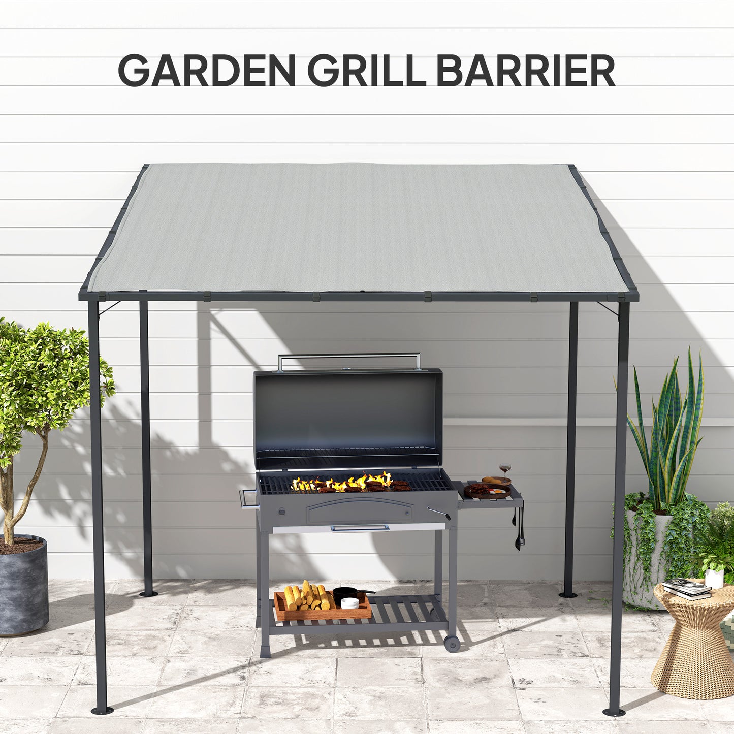 2.4 x 2.4 m Wall Mounted Pergola Gazebo with PA Coating Fabric, Metal Frame, UPF30+, Lean to Garden Gazebo, Light Grey