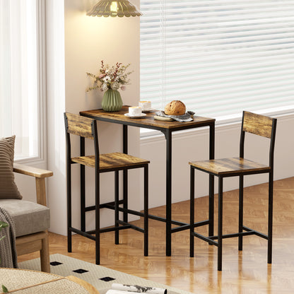 3-Piece Bar Table Set with 2 Stools, Industrial Breakfast Bar Set with Footrest, Backrest for Dining Room, Small Space