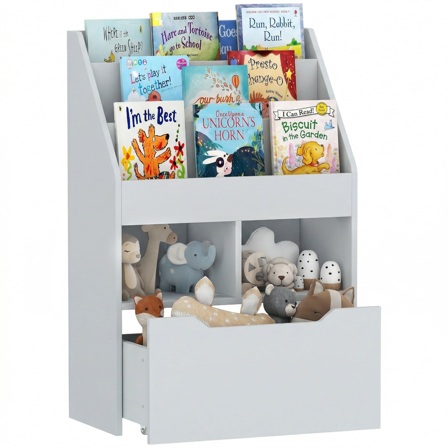 Kids Bookshelf, Toy Organiser, with Storage Drawer, Wheels - Grey