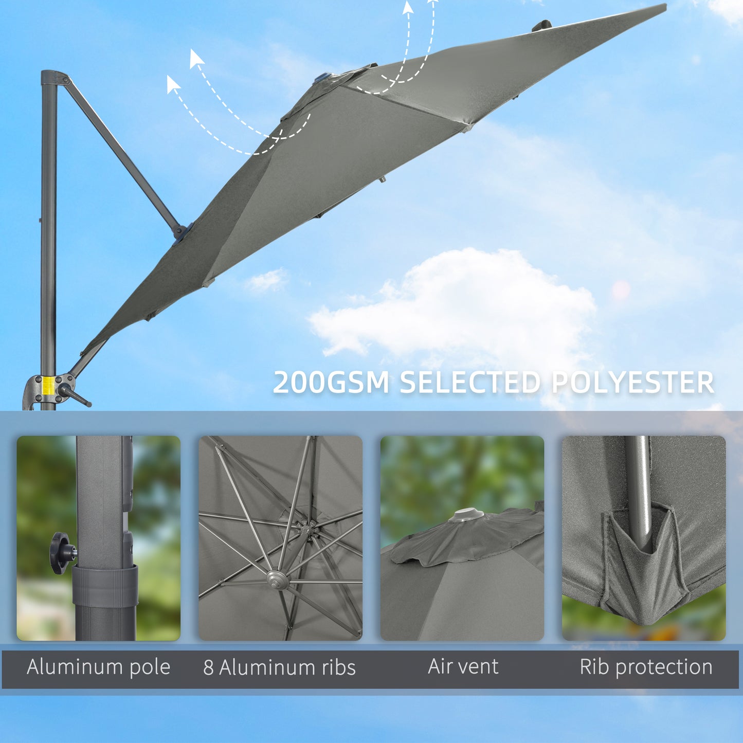 3 x 3(m) Cantilever Parasol with Cross Base, Garden Umbrella with 360° Rotation, Crank Handle and Tilt for Outdoor, Patio