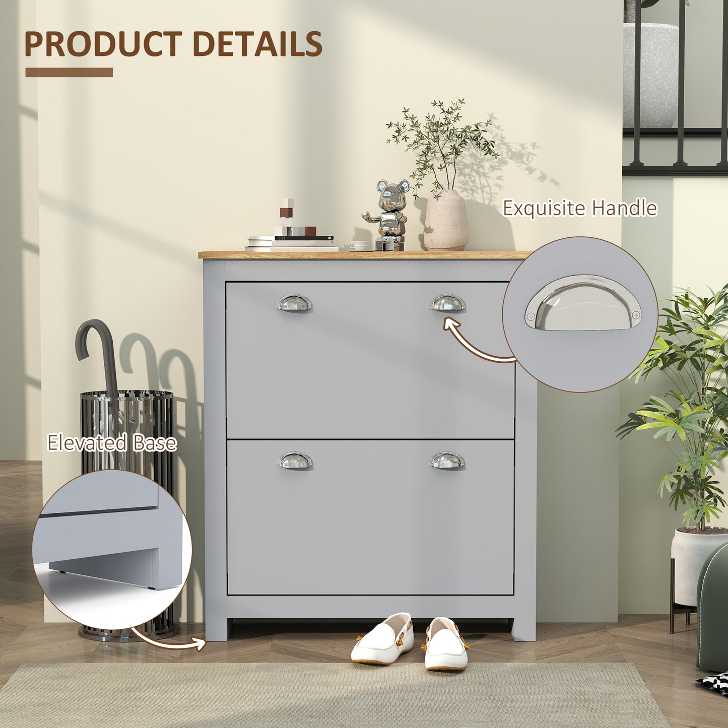 2 Drawer Shoe Cabinet Modern Narrow Shoe Cupboard Hallway Wooden Storage Organiser with Flip Doors Adjustable Shelf for 6-12