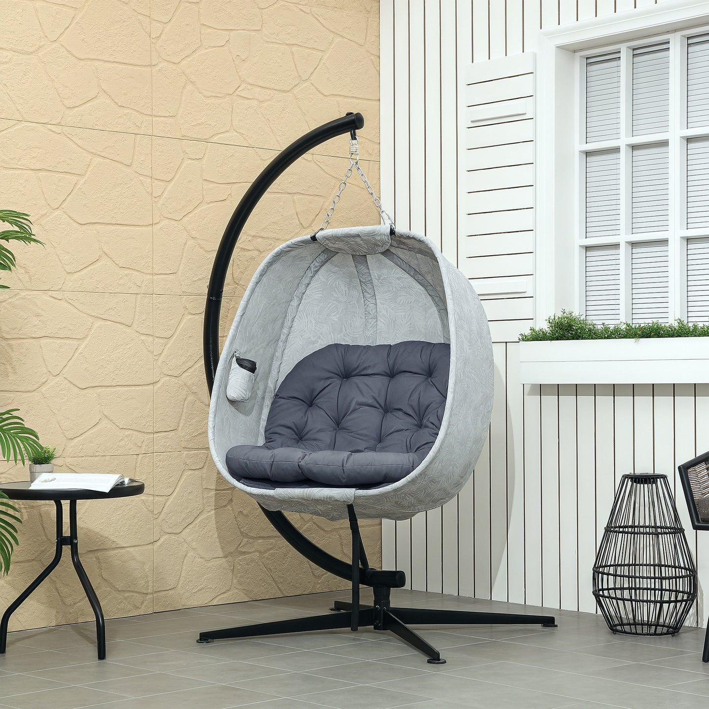 Hanging Egg Chair Outdoor Indoor Garden Swing Chair with Folding Basket, Garden Hanging Chair with Stand, Thickened Cushion