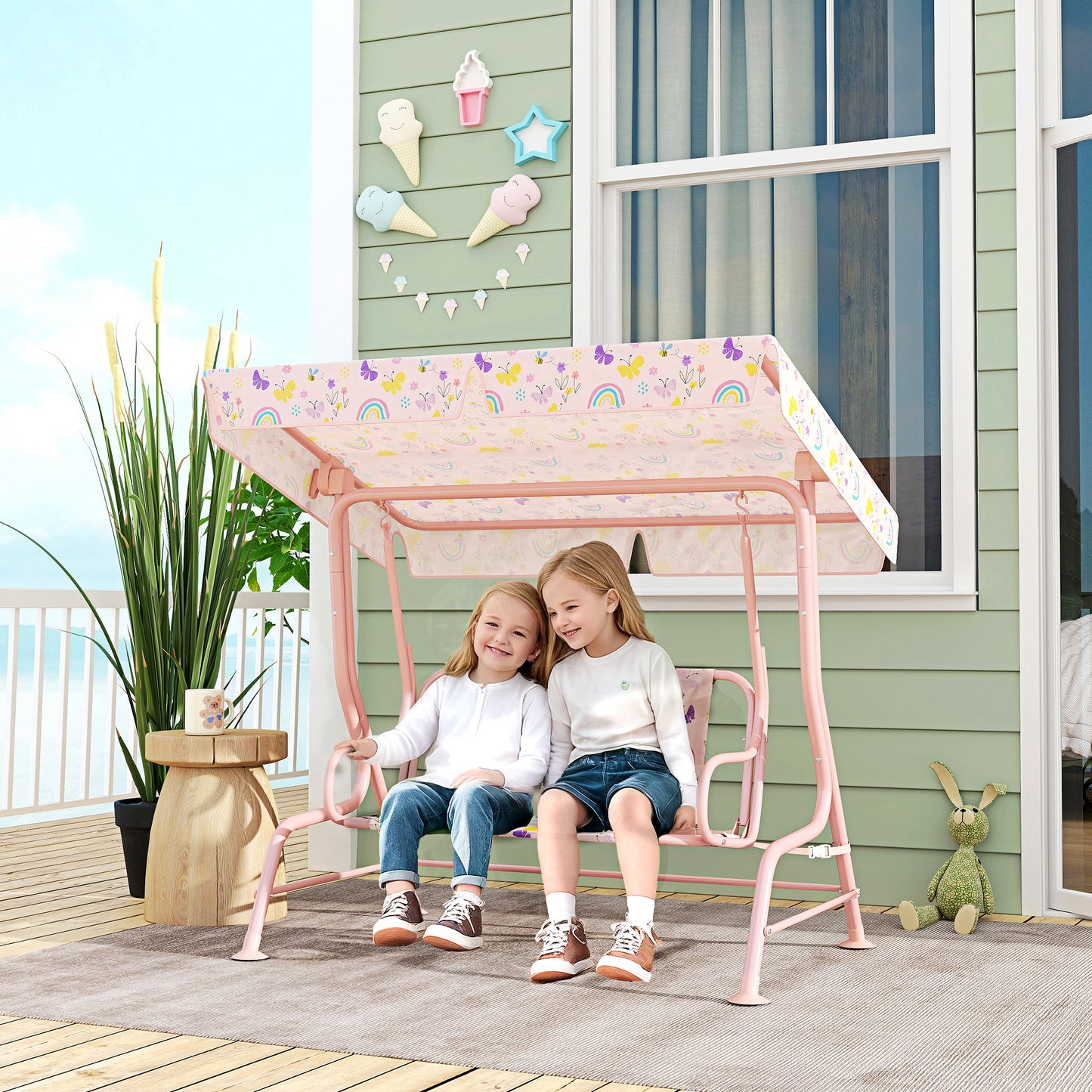Kids Garden Swing Chair with Adjustable Canopy, Safety Belt, 2 Seater Hammock Swing Bench for Patio, Porch, Pink