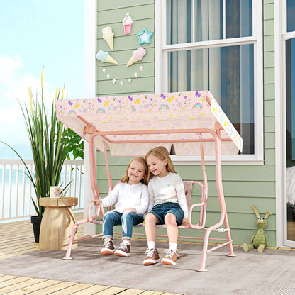 Kids Garden Swing Chair with Adjustable Canopy, Safety Belt, 2 Seater Hammock Swing Bench for Patio, Porch, Pink