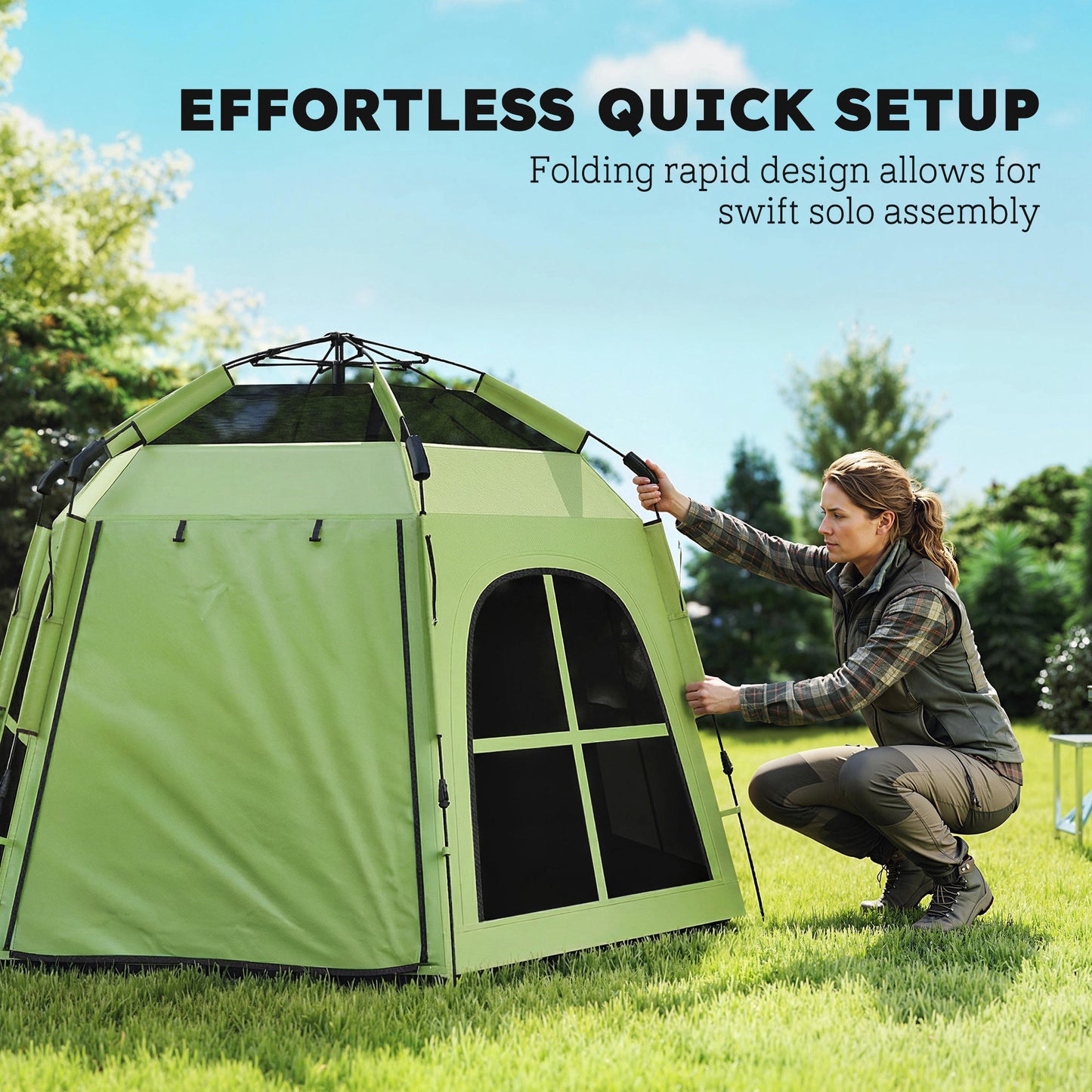 Pop Up Tent 3000mm Waterproof Instant Camping Tent 3-4 Person with 2 Doors 4 Windows Green