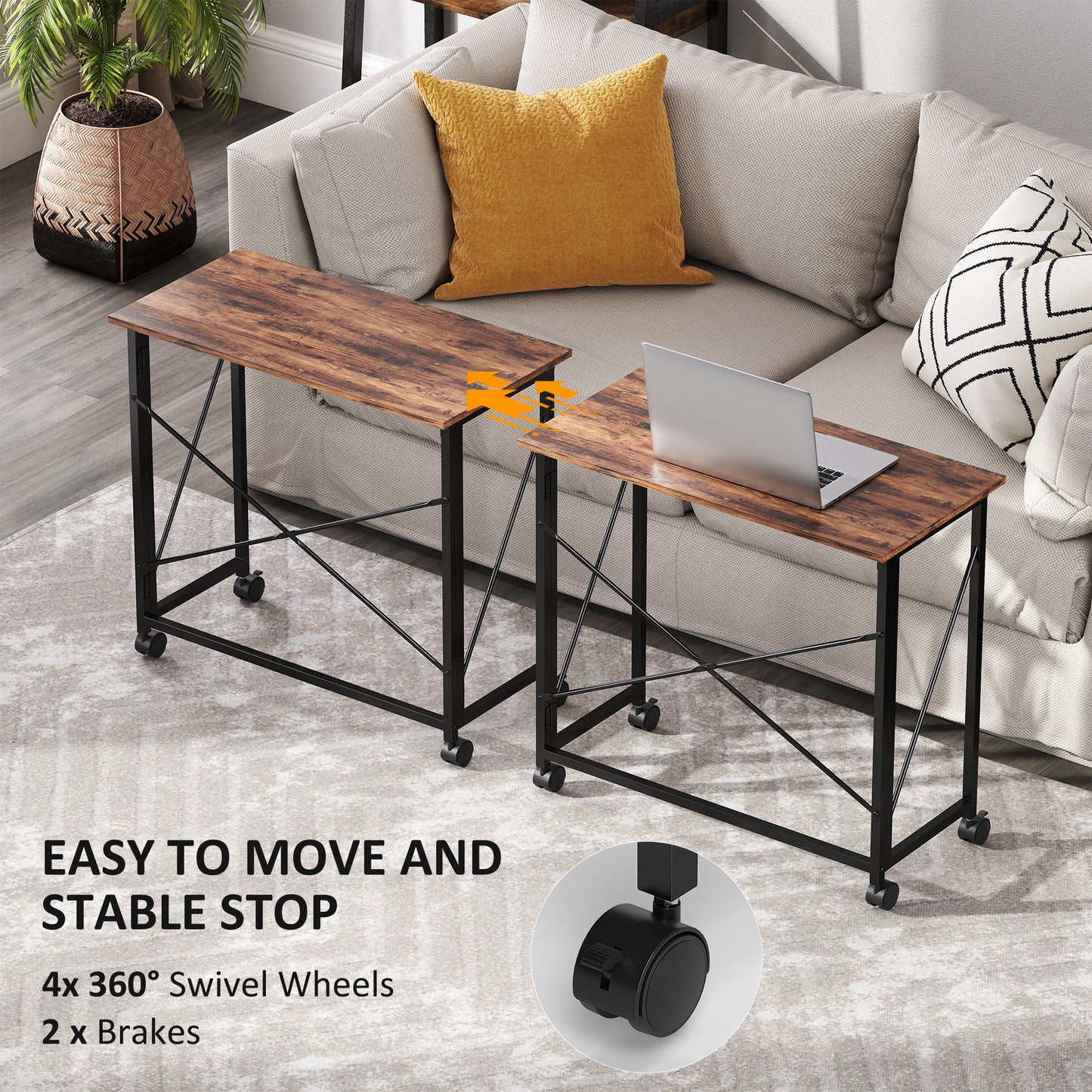 80 cm Folding Desk on Wheels - Rustic Brown