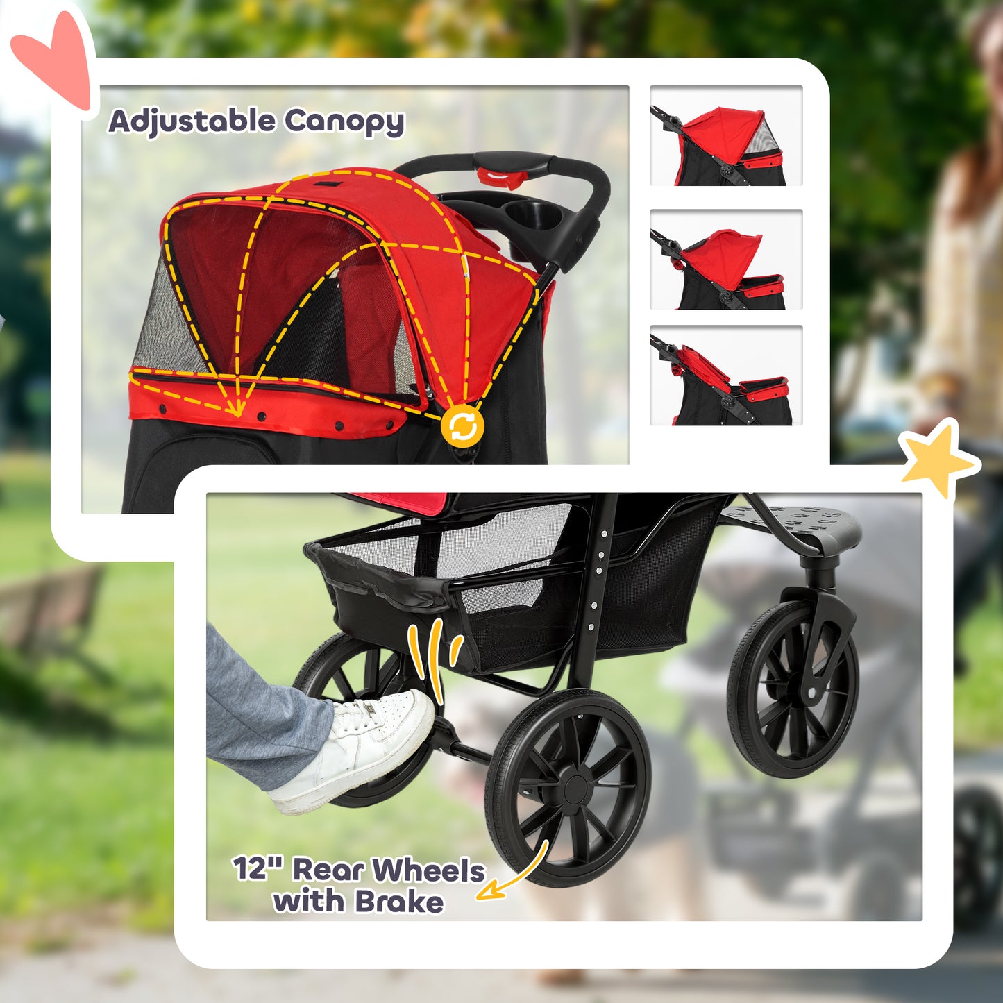 Dog Stroller Foldable Pet Pram for Small Miniature Breeds, Cats, 3 Wheels Dog Pushchair with Brake, Cupholder, Red