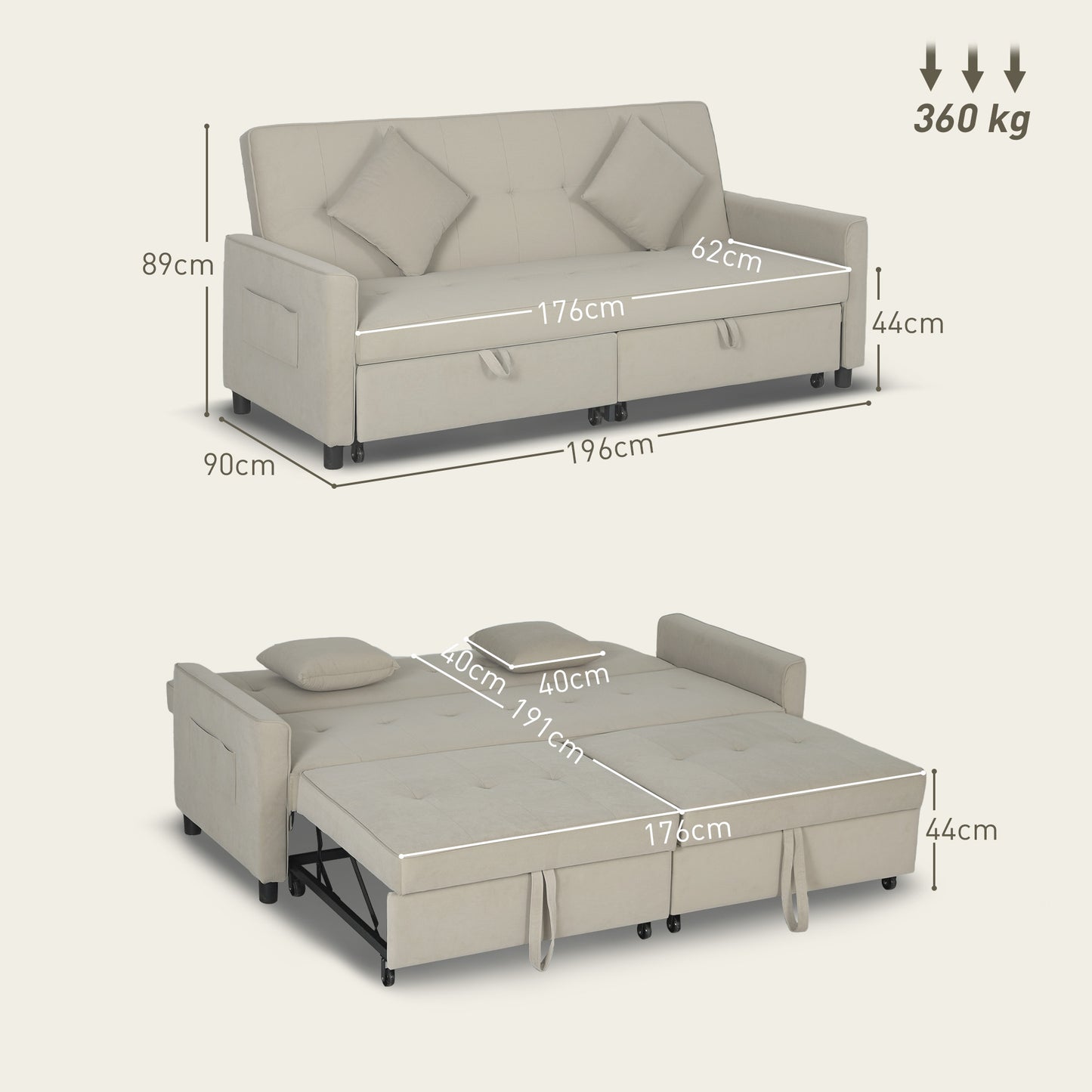 3 Seater Velvet Sofa Bed, Convertible Pull-Out Sofa Bed with Adjustable Backrest, Space Saving Living Room Sofa, Beige
