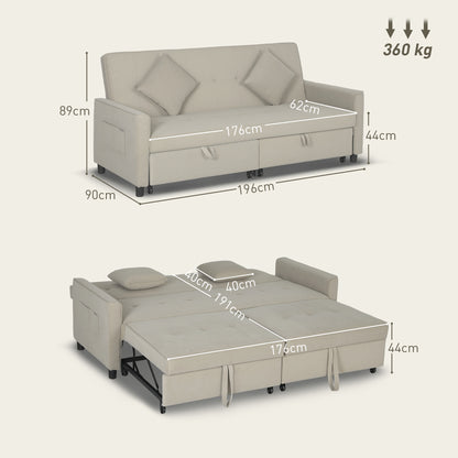 3 Seater Velvet Sofa Bed, Convertible Pull-Out Sofa Bed with Adjustable Backrest, Space Saving Living Room Sofa, Beige