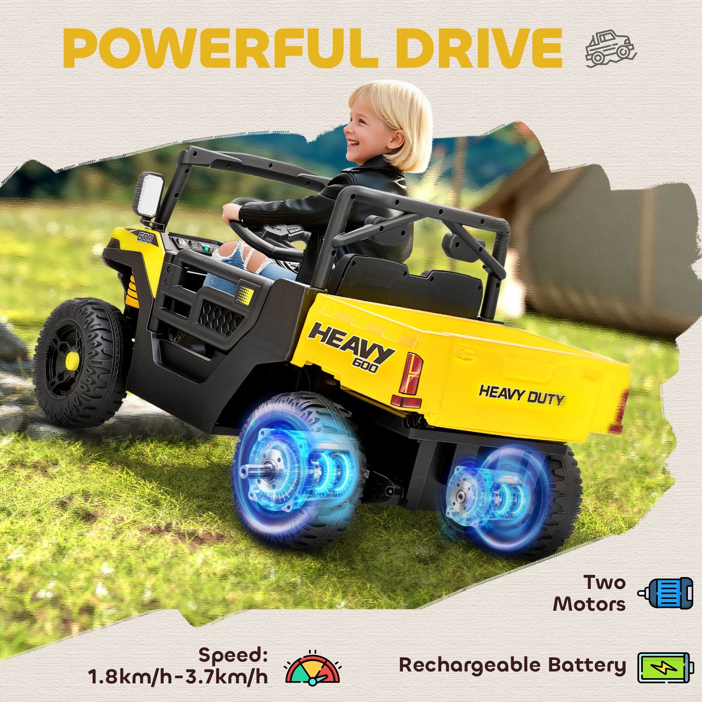 Kids Ride on Car, 12V Electric Kids UTV with Electric Dump Bed, 4-Wheel Suspension for 3-8 Years, Yellow