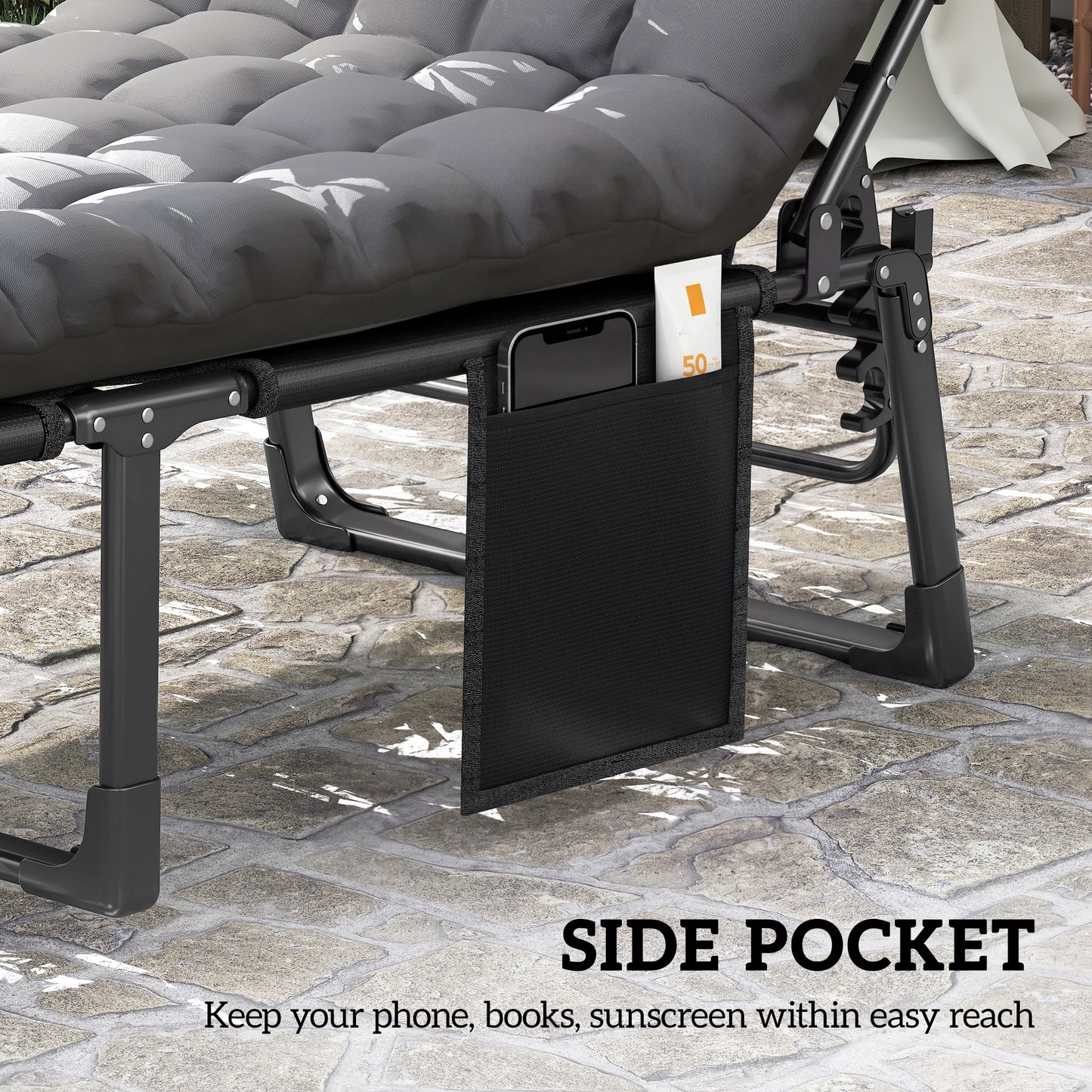 Folding Sun Lounger for Garden, 5-Position Oversized Camping Bed Recliner with Cushions, Dark Grey