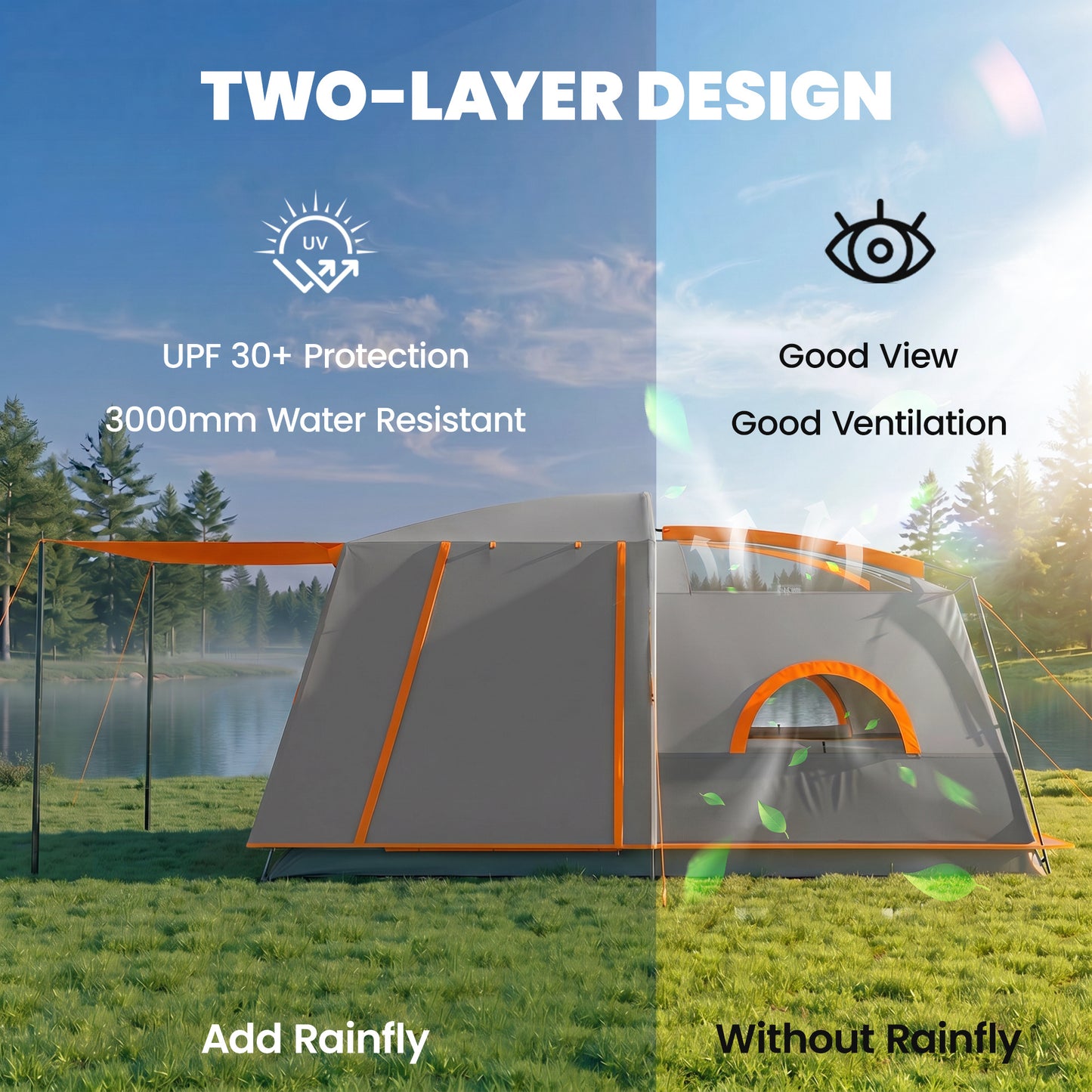 4 Man Camping Tent, Double Layer Tunnel Tent with Porch, Living Area and 2 Bedrooms, Sewn in Groundsheet