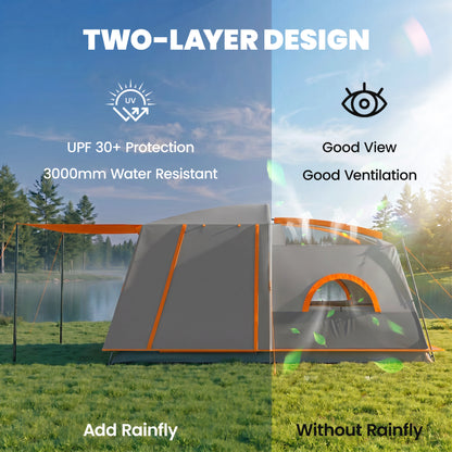 4 Man Camping Tent, Double Layer Tunnel Tent with Porch, Living Area and 2 Bedrooms, Sewn in Groundsheet